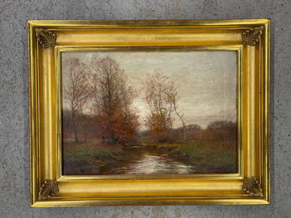 W. Merritt Post. Oil/Canvas, Quiet Stream: William Merritt Post (American, 1856-1935). An oil on canvas titled "Quiet Stream in Autumn". Signed lower right. 24in x 36in.