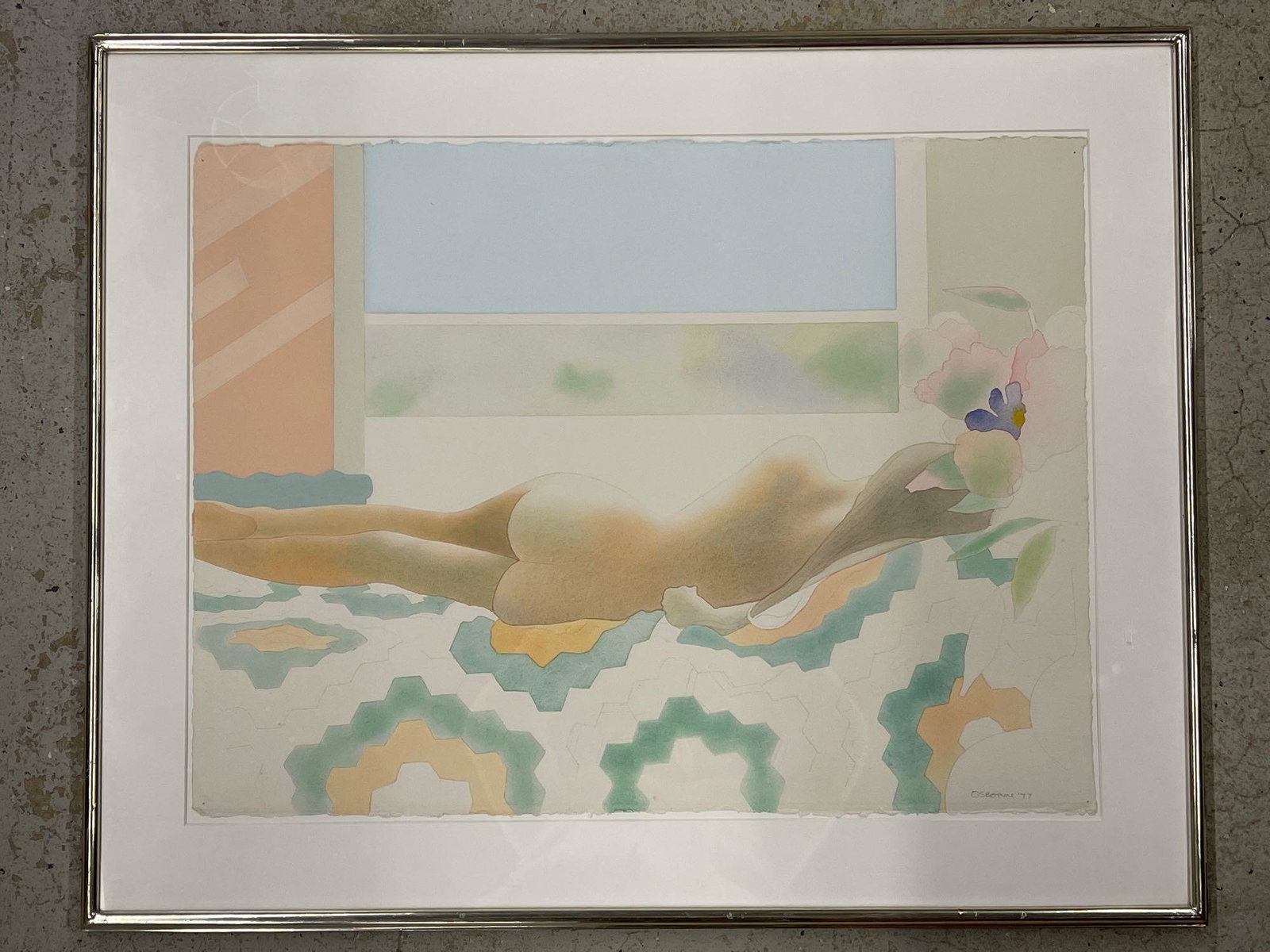 Elizabeth Osborne. Watercolor, Nude: Elizabeth Osbourne (American, b. 1936) Untitled watercolor depicting a reclined nude. Signed lower right "Osborne '77". 23in x 30-1/2in.