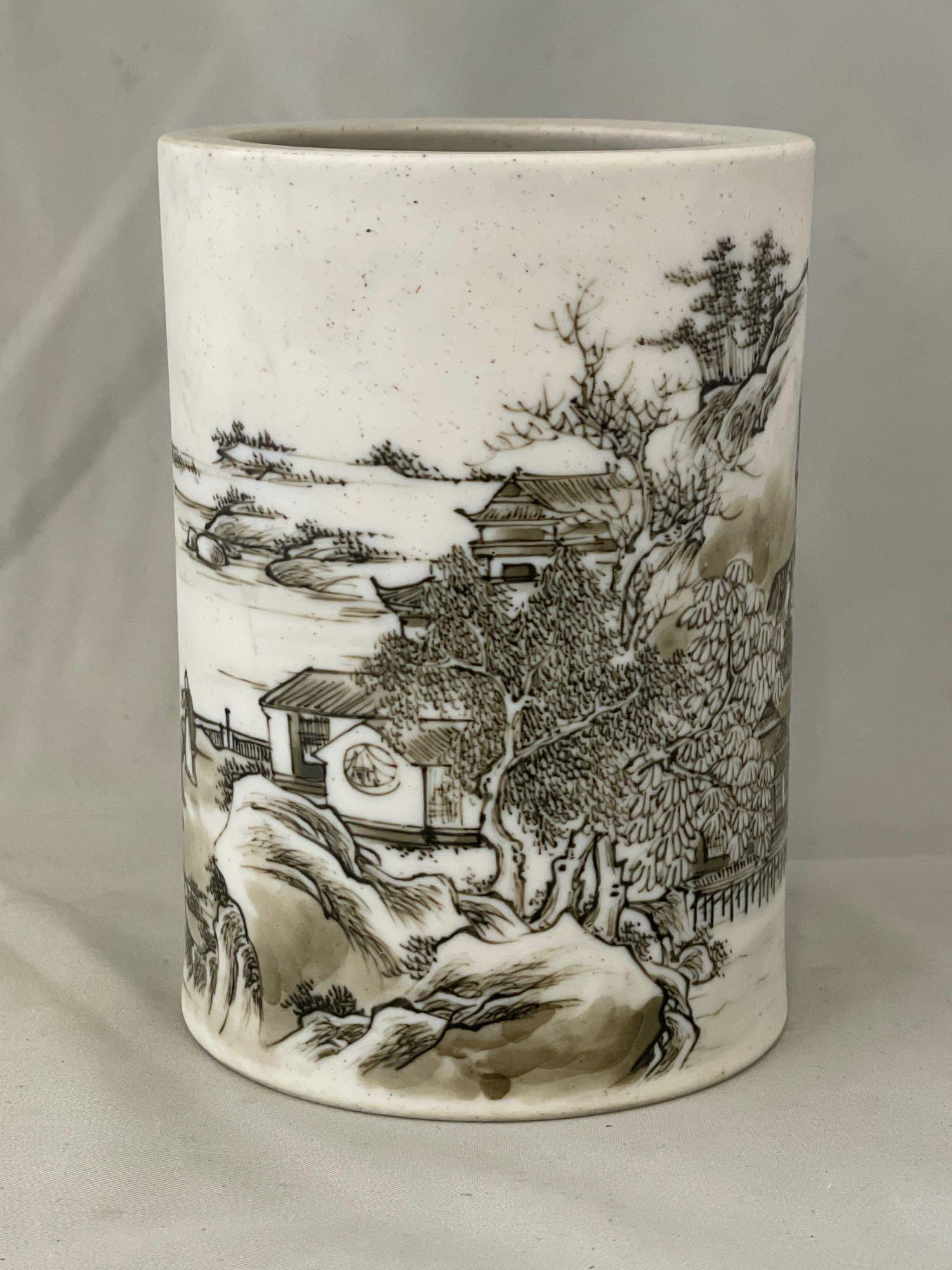 Chinese Grisaille Porcelain Brush Pot (1 of 4)