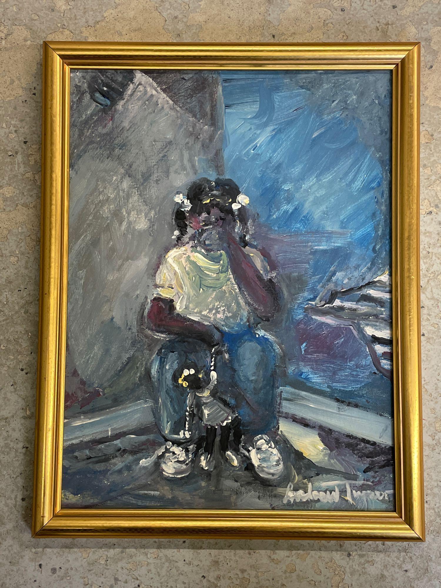 Andrew Turner. Oil/Panel, Portrait of Girl: Andrew Turner (American/Pennsylvania, 1944-2001). An oil on panel portrait of a girl with her doll. Signed lower right and gilt framed. Panel: 16in x 12in.
