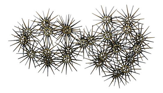 Marc Creates Brutalist Starburst Wall Sculpture: (B) 1960s Marc Creates Brutalist Starburst Metal Wall Sculpture. A mid-century Brutalist metal hanging wall sculpture by the American artist Marc Weinstein. This large sculpture is made of small