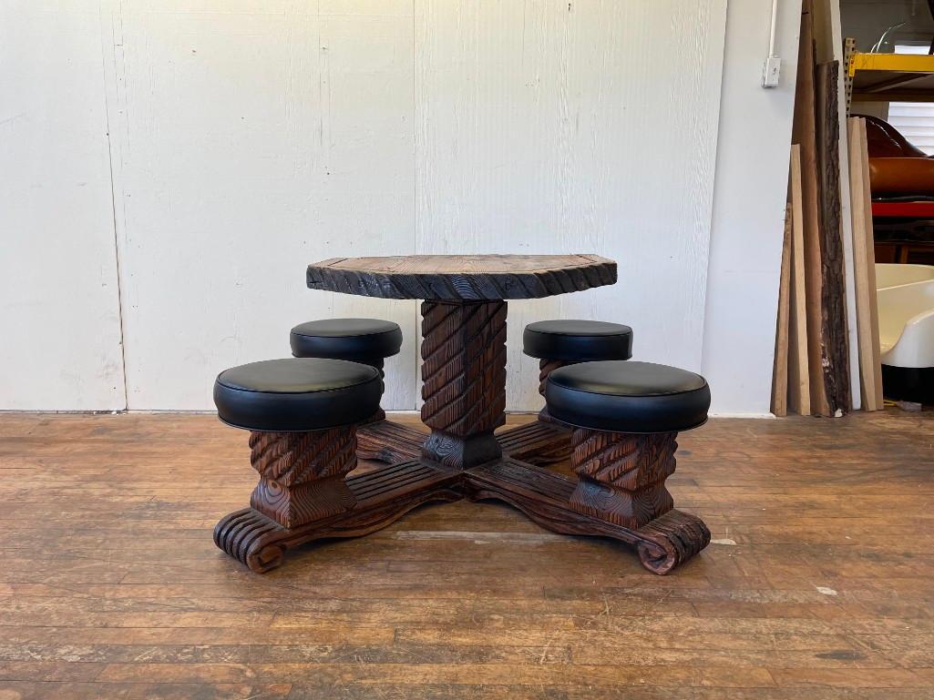 Witco Carved TIki Game Table With Swivel Stools (0052) on Mar 11, 2022