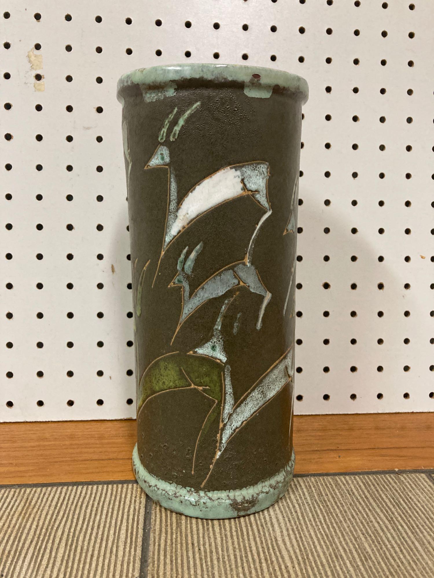 Scandinavian Art Pottery Vase: (S) 10.5" tall, All items in this sale were found by the Dust Shuttle traveling antiques store. Shipping available on all items, call (717) 576-0778 for a quote.