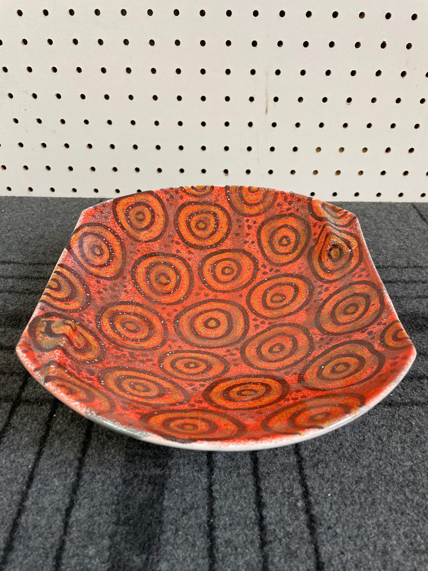Raymor Red and White Italian Pottery Dish: (S) Raymor Italian ceramic dish. Red circle patterned interior. White exterior. 10.5" L x 9" W x 2" H. Shipping available call (717) 576-0778 for a quote.