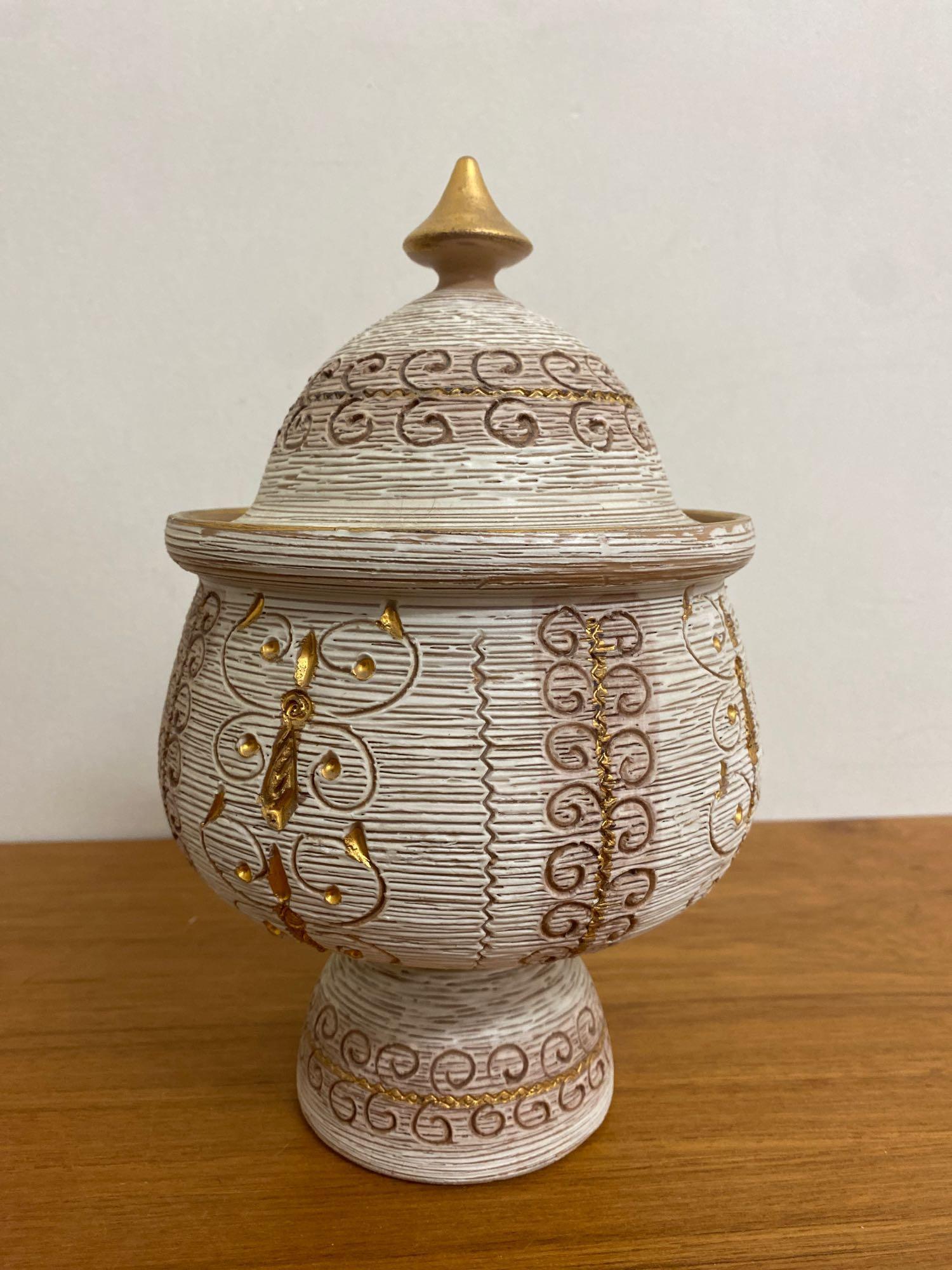 Bitossi "Seta" Lidded Pottery Jar: (A) Vintage Bitossi "Seta" golden detailed vase with lid. 9-1/2" height x 6" width. Shipping available call (717) 576-0778 for a quote.