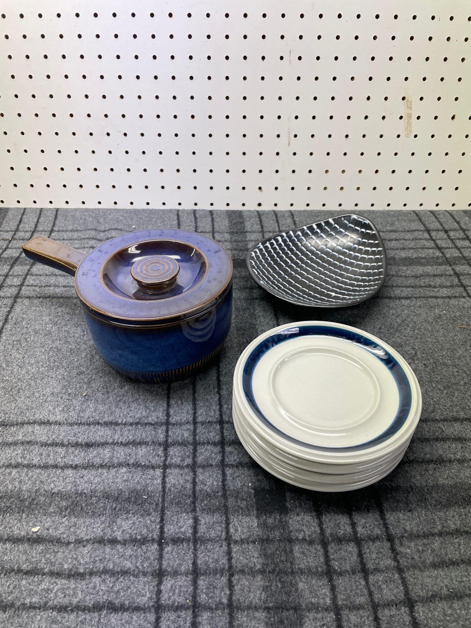 Arabia and Upsala Ekeby DIshes: (W) Blue ceramic cooking pot with handle and lid: 6" Diameter x 4" Tall. Black ceramic candy dish with white and blue accents: 7-1/2" L x 6-3/4" W x 2-1/4" H. Set of 4 Finnish Arabia cream ceramic des