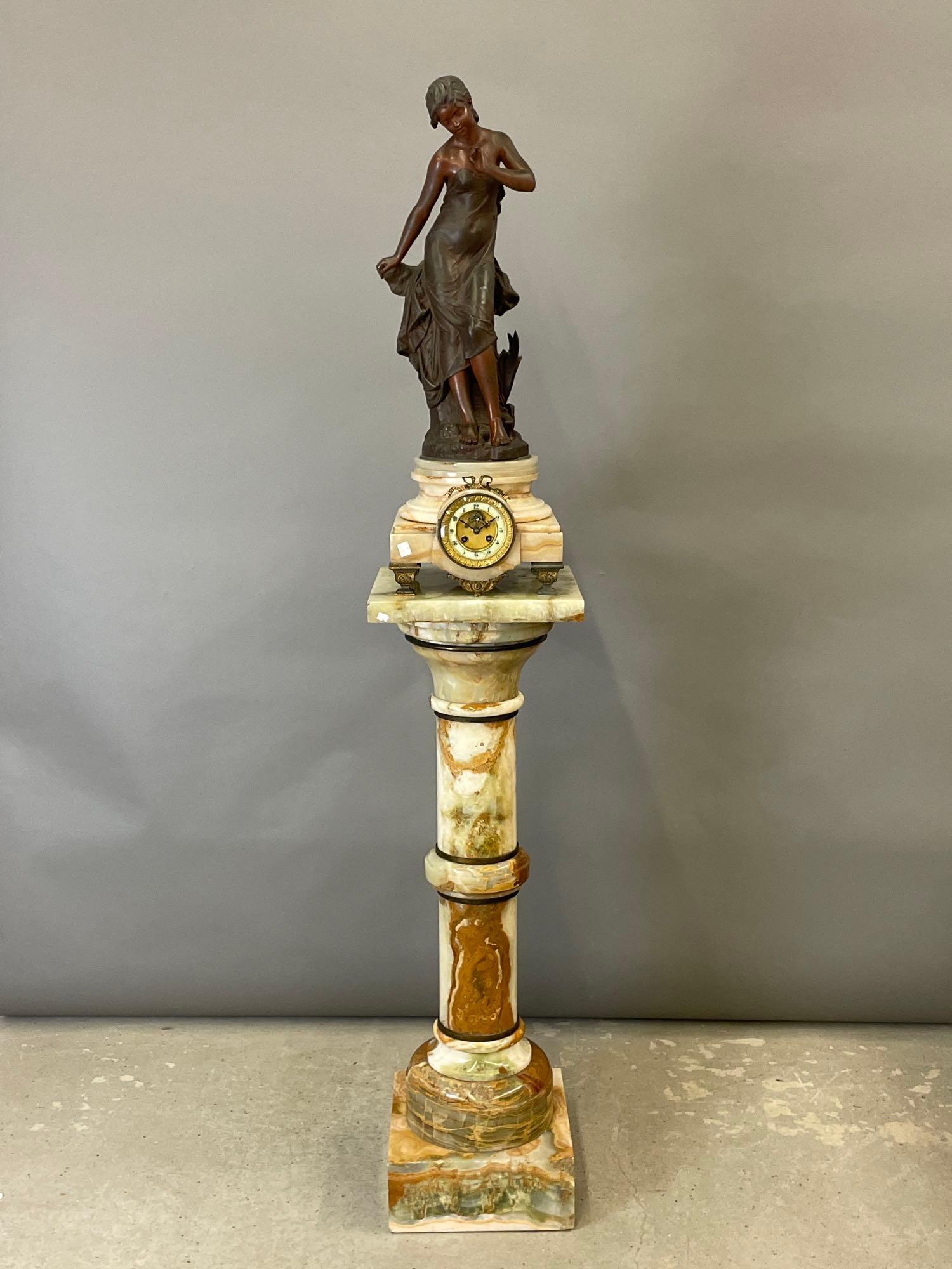 French Figural-mounted Onyx Clock on Pedestal (1 of 12)