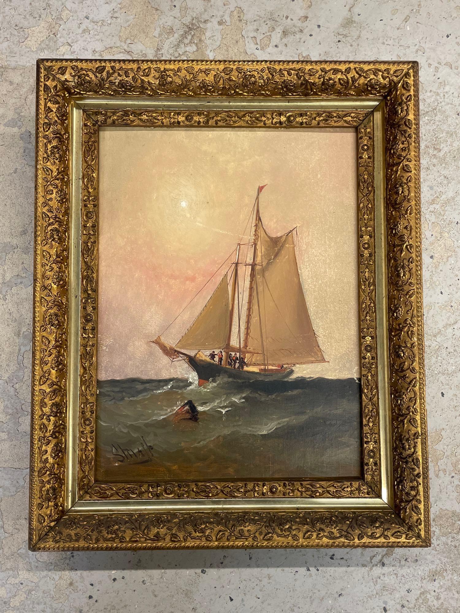 Alexander Charles Stuart. Oil/Panel, Seascape: Alexander Charles Stuart (American / Delaware, 1831-1898). An oil on panel depicting ting a sailboat at sea. Signed Stuart lower right and gilt framed. Panel: 16 in x 12 in.