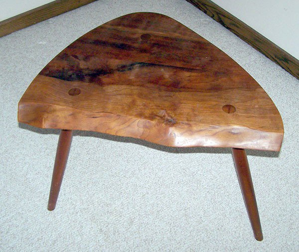 George Nakashima Tri-leg Table: George Nakashima tri-leg side table with D-shaped free-edge top. 27" x 21".