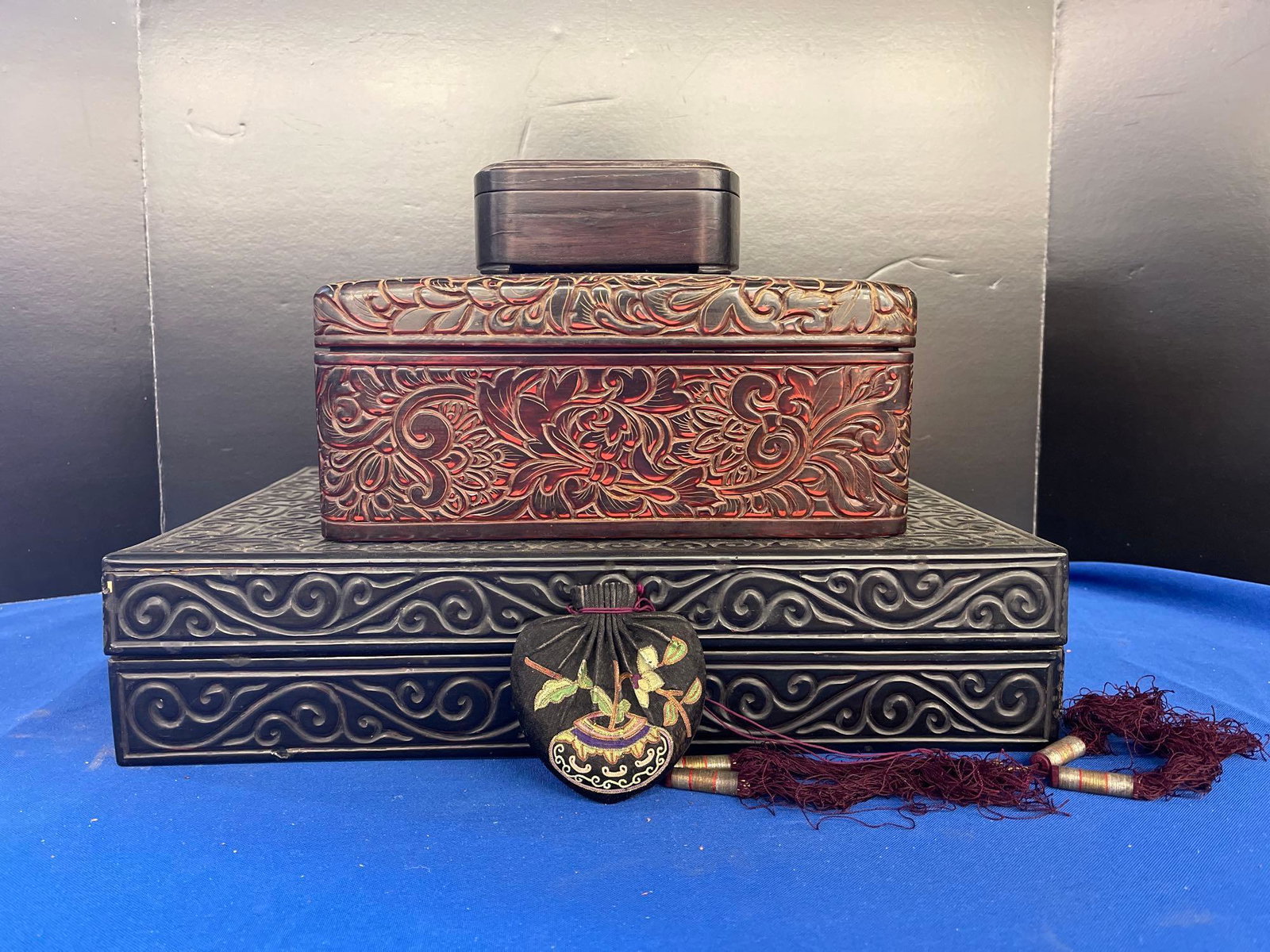 Three Carved Wood Boxes and Pouch (1 of 12)