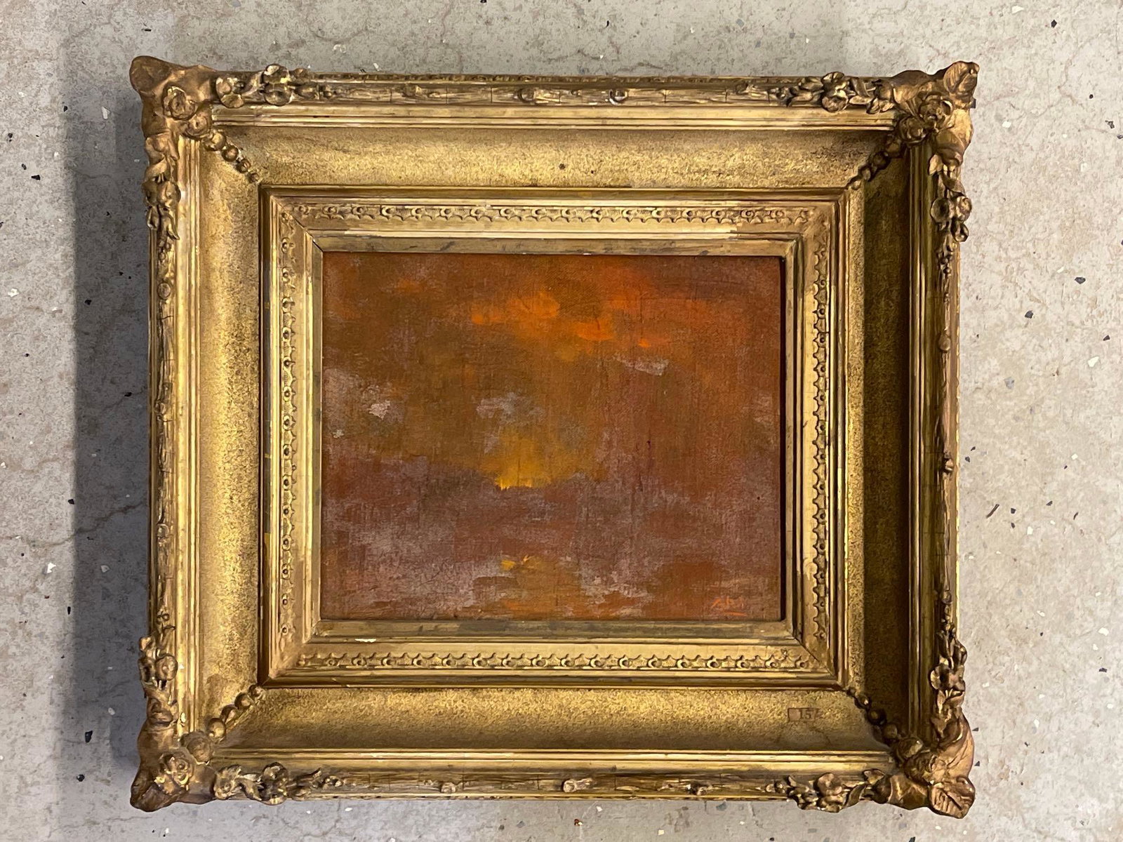 Henry Hammond Ahl Oil/Canvas, Poetry of Evening: Henry Hammond Ahl (American, 1869-1953). An oil on canvas titled "The Poetry of Evening", with red hues throughout. Attributed en verso. In a gilt wood frame. Frame Opening: 8in x 10in. Frame: 15in x