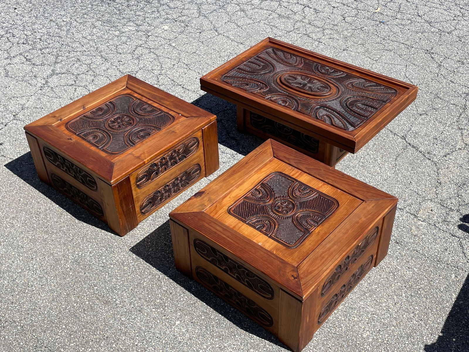 Three Tiki Carved Pine Tables (1 of 6)