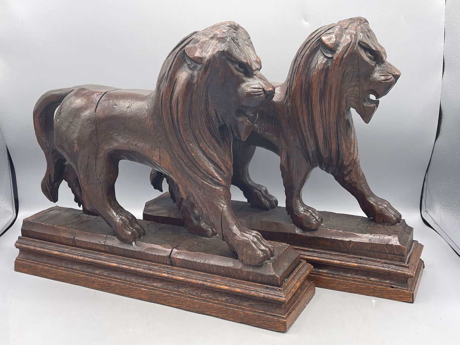Pair of Carved Oak Lion Statues (1 of 7)