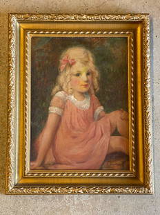 Attrb. William Glackens. Oil/Canvas, Portrait: An attributed to William James Glackens (American, 1870-1938) oil on canvas panel portrait of a girl in a pink dress. Signed lower right and gilt framed. Panel: 20in x 15-1/4in. Provenance per consign