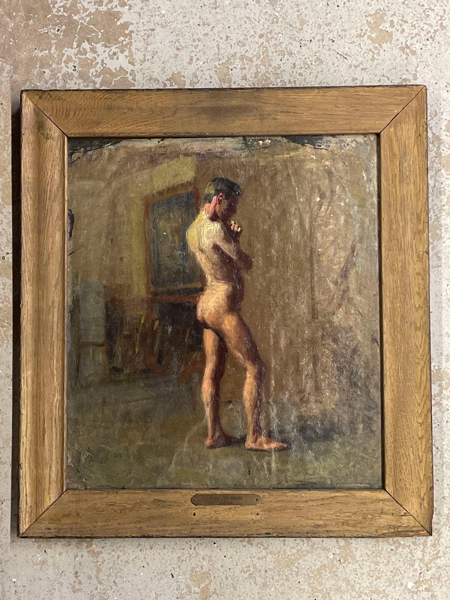 Albert Adolphe. Oil/Canvas, Male Nude: Albert Jean Adolphe (Philadelphia, 1865-1940). An oil on canvas depicting a standing male nude. Attributed on brass plate. Additional nude painting en verso. Frame opening: 18in x 16in. Frame: 22-1/2i