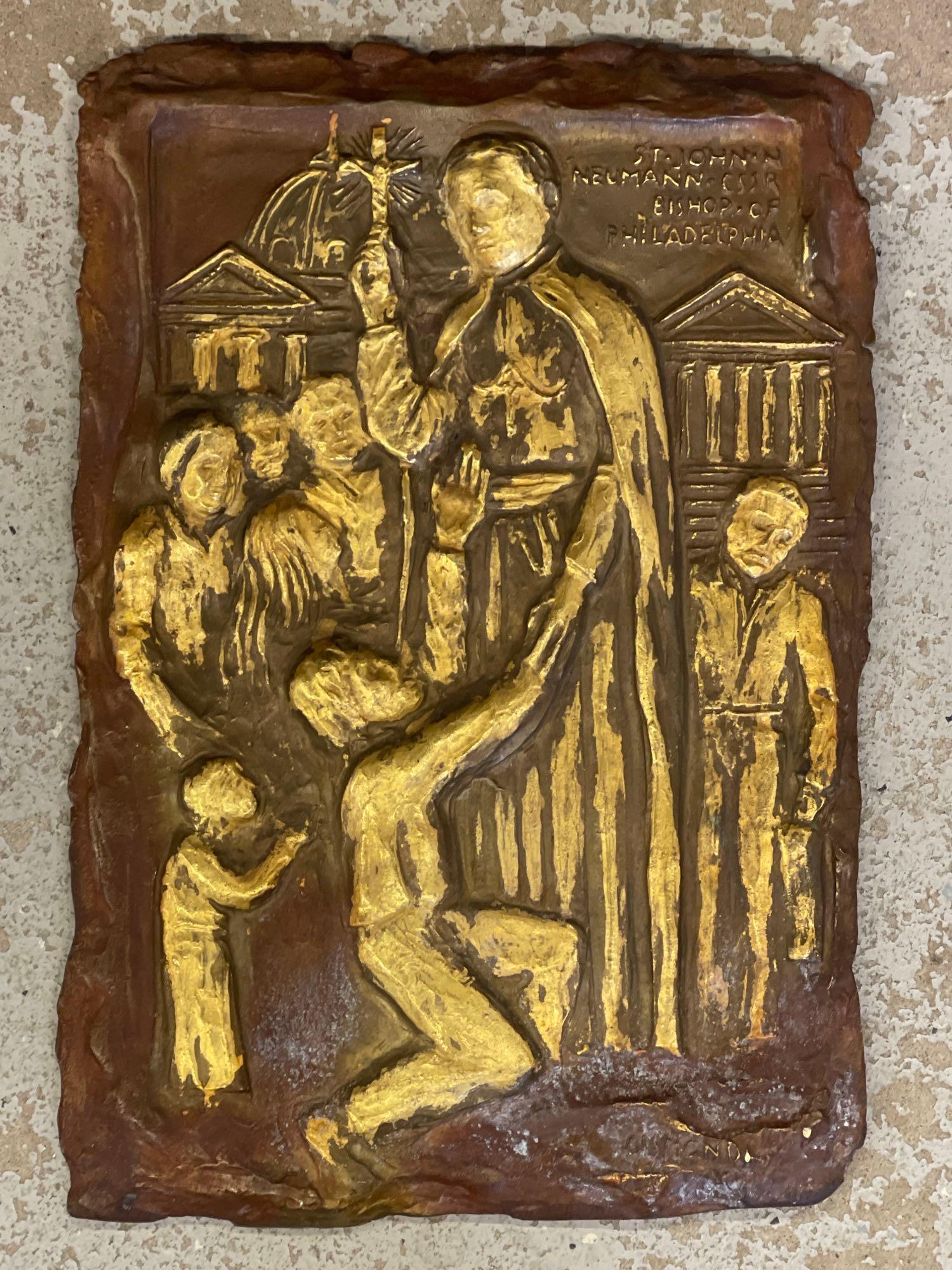 Bronze Sculpture of St. John Neumann: A bronze relief sculpture with gilt detail of St. John Neumann, Bishop of Philadelphia. 15in tall x 10in wide.