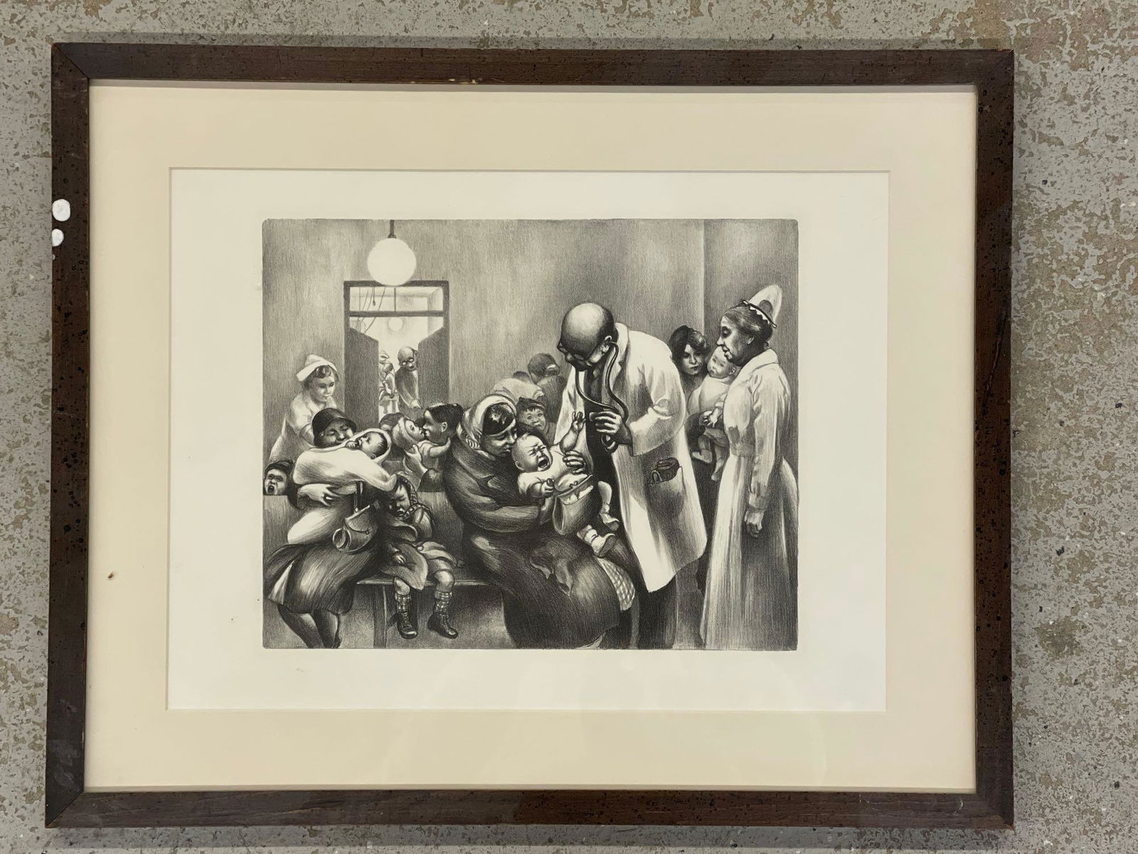 Mabel Dwight. Lithograph, Children's Clinic: A Mabel Dwight lithograph titled "Children's Clinic", with signed note en verso. Mat opening: 12in x 16in. Frame: 17in x 21in.