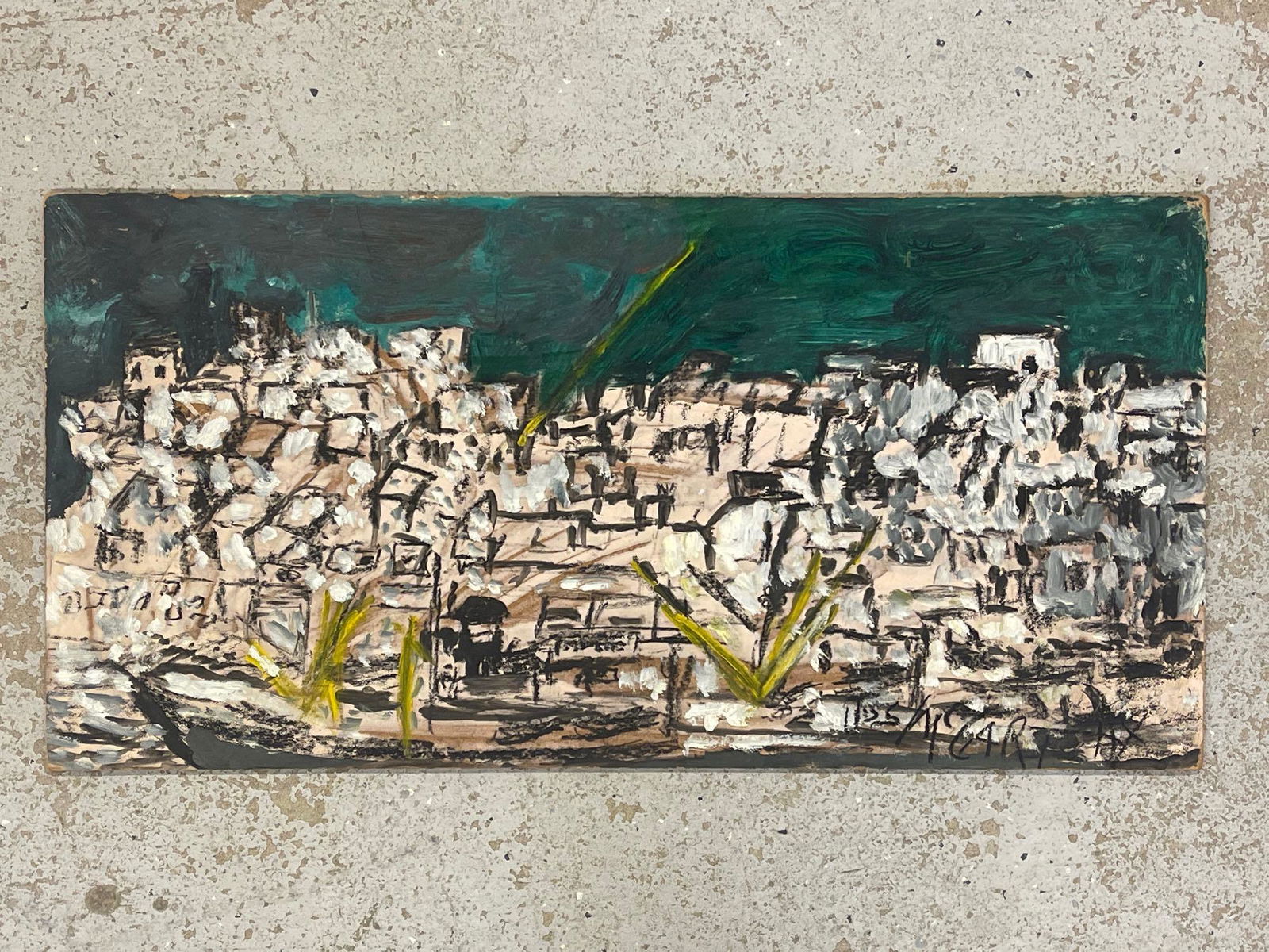 Justin McCarthy. Oil/Panel, Town on a Hill: Justin McCarthy (Pennsylvania, 1891-1977). An oil on masonite panel titled "Town on a Hill", depicting an abstract city scape. Signed lower right "Jus McCarthy". 12in x 24in.