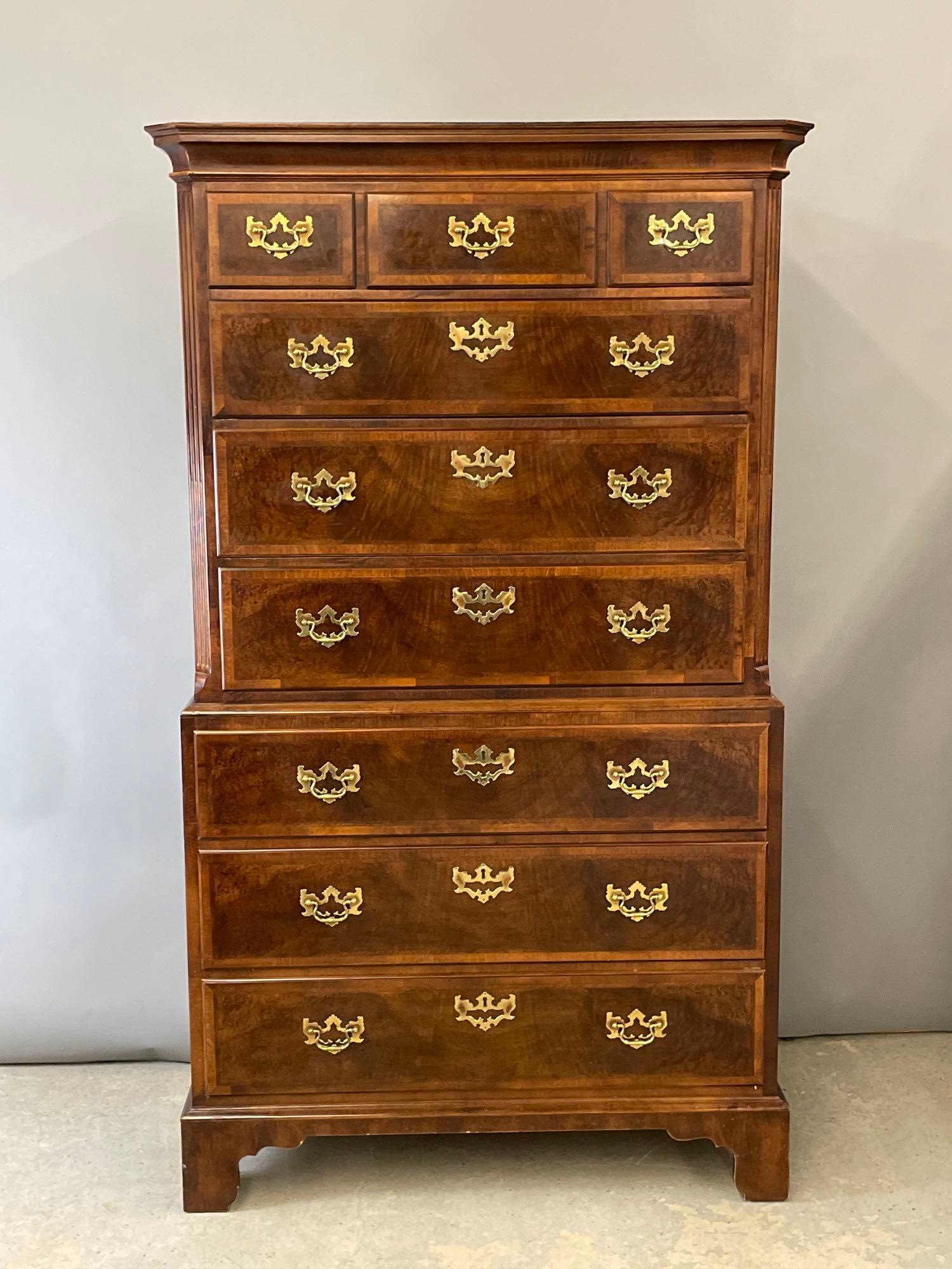 Henredon Aston Court Mahogany Tall Chest: A Henredon Aston Court banded mahogany tall chest. 71in tall x 39-1/2in wide x 18-1/2in deep.