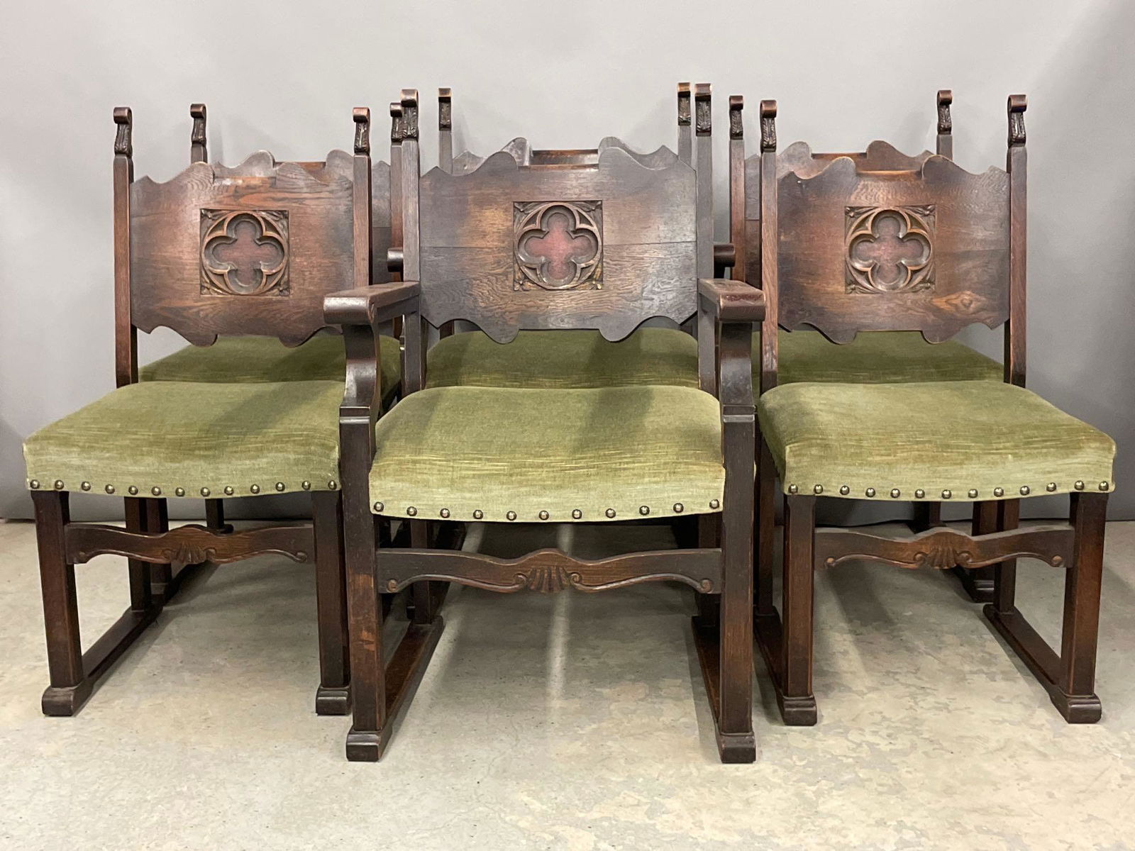 Six Gothic-style Carved Oak Dining Chairs (1 of 5)