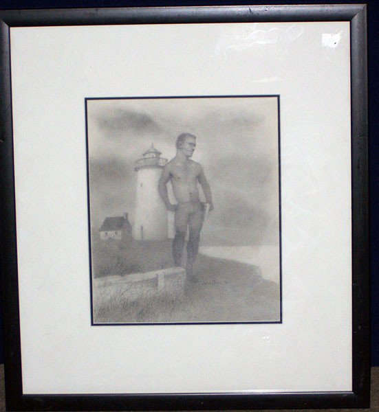 John Lear '64 (John B. Lear). Pencil Sketch/Paper;: John Lear '64 (John B. Lear, 1910-2008). Pencil Sketch/Paper; Shirtless man by lighthouse. 12" x 10".