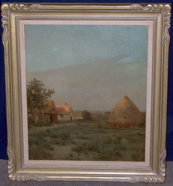 J.C. Cazin (Jean Charles Cazin). Oil/Panel; Landsca: J.C. Cazin (Jean Charles Cazin, 1841-1901). Oil/Panel; Sunset on farm. 21" x 18".