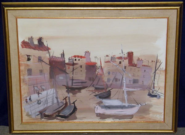 Levier (Charles Levier). Watercolor/Board; Boats Sc: Levier (Charles Levier, 1920-2004). Watercolor/Paper Board; Les Bateaux. 19" x 26".