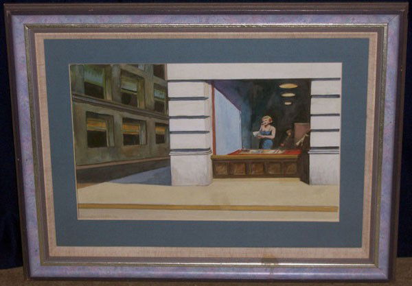 In the Style of Edward Hopper '62. Watercolor; Stre: In the style of Edward Hopper (1882-1967). Signed Edward Hopper '62. Watercolor; Downtown office scene. 13" x 20".