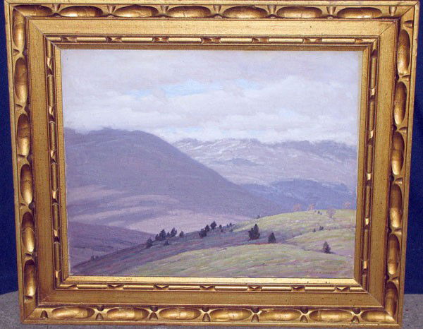 T. Schwartz (Andrew Thomas Schwartz). Oil/Canvas; L: T. Schwartz (Andrew Thomas Schwartz, 1867-1942). Oil/Canvas; Landscape with purple mountains. 16" x 20".