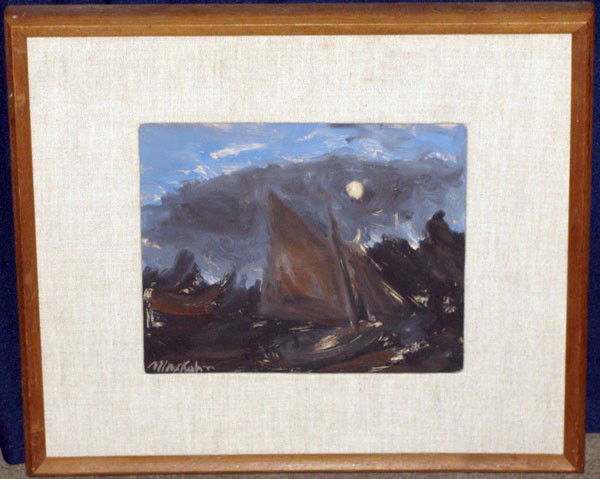 Max Kahn. Oil/Paper; Seascape.: Max Kahn (1903- ). Oil/Paper; Seascape, Dark Sails, White Moon. 9" x 11".