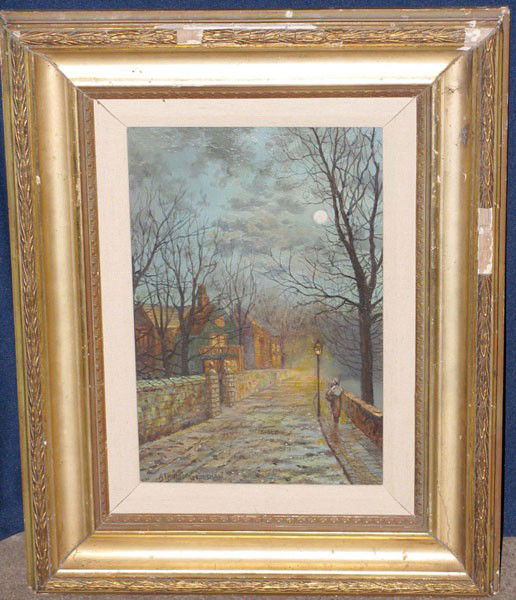 John Atkinson Grimshaw. Oil/Canvas; Street Scene.: In the style of John Atkinson Grimshaw (British, 1836-1893). Oil/Canvas; Dusk in the Old City. Possibly after John Grimshaw.12" x 8".