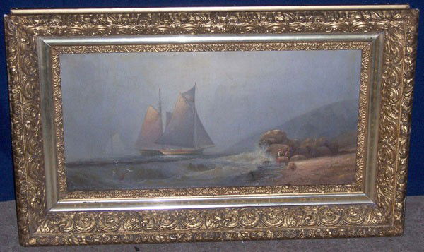 L. Taylor Baker (Elisha Taylor Baker). Oil/canvas;: L. Taylor Baker (Elisha Taylor Baker, 1827-1890). Oil/canvas; Seascape with ships. 10" x 20".