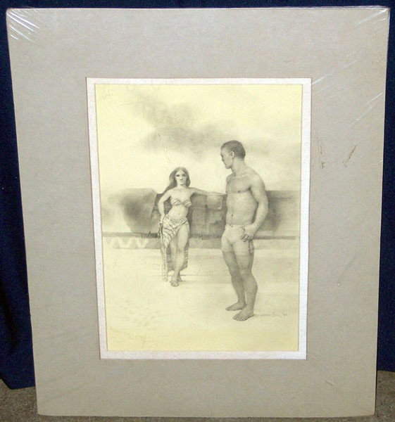 John Lear '91. Pencil/paper; Beach Scene.: John Lear '91. Pencil/paper; Beach scene with man and woman. 13" x 9".