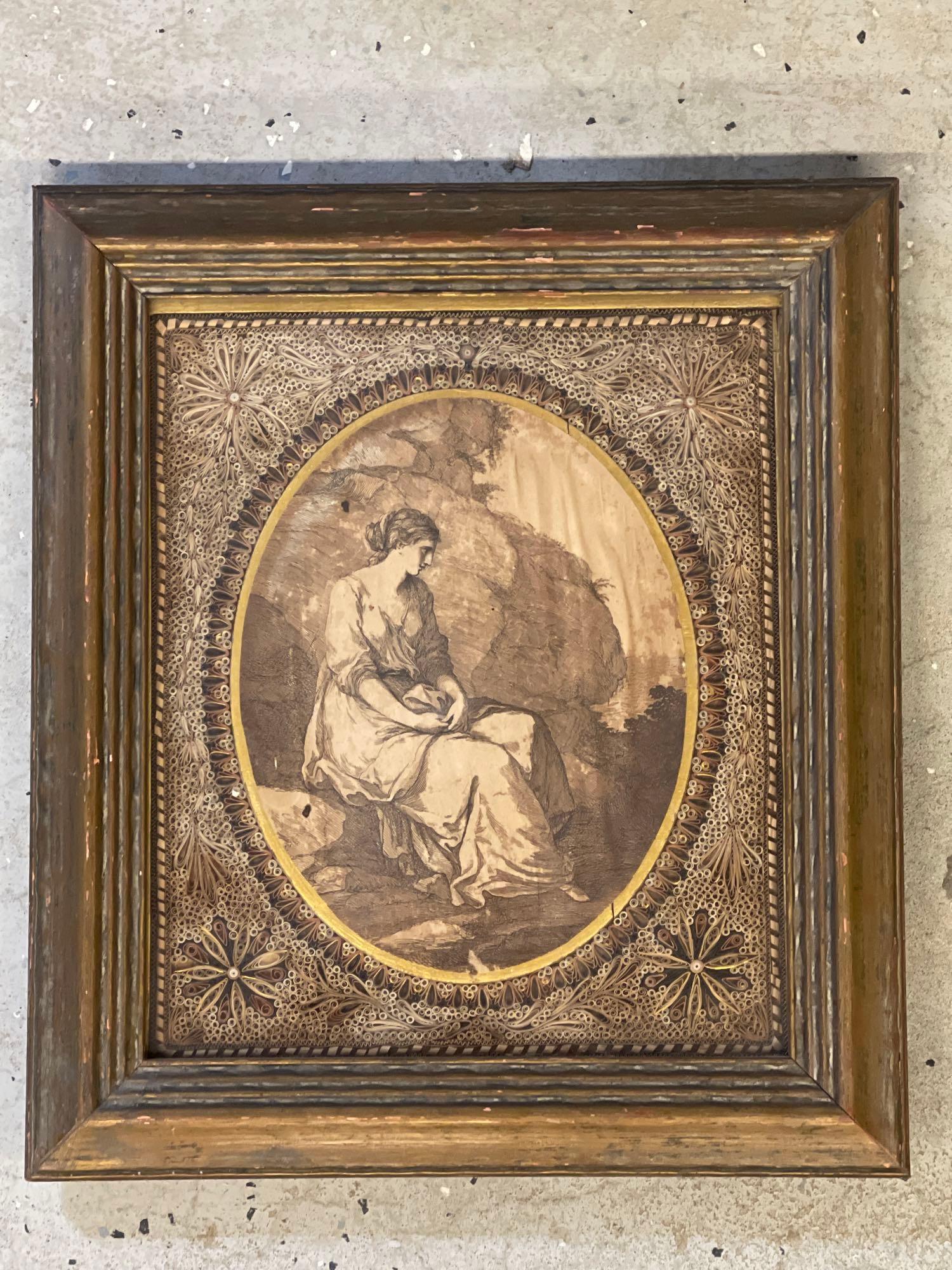 After A. Kauffman.Etching, Seated Woman: An antique etching, possibly by Angelica Kauffman (Swiss, 1740-1807) depicting a seated woman of the "La Penserosa" style. Etching has been trimmed to oval shape and surrounded by gilt paint and paper