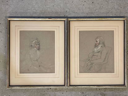 Two British School Pencil Drawings, Portraits: A grouping of two pencil drawings with watercolor details on paper, portraits of an artist and gentlewoman. Possibly by Richard Westall (English, 1765-1836) or Sir Thomas Lawrence (English, 1769-1830)