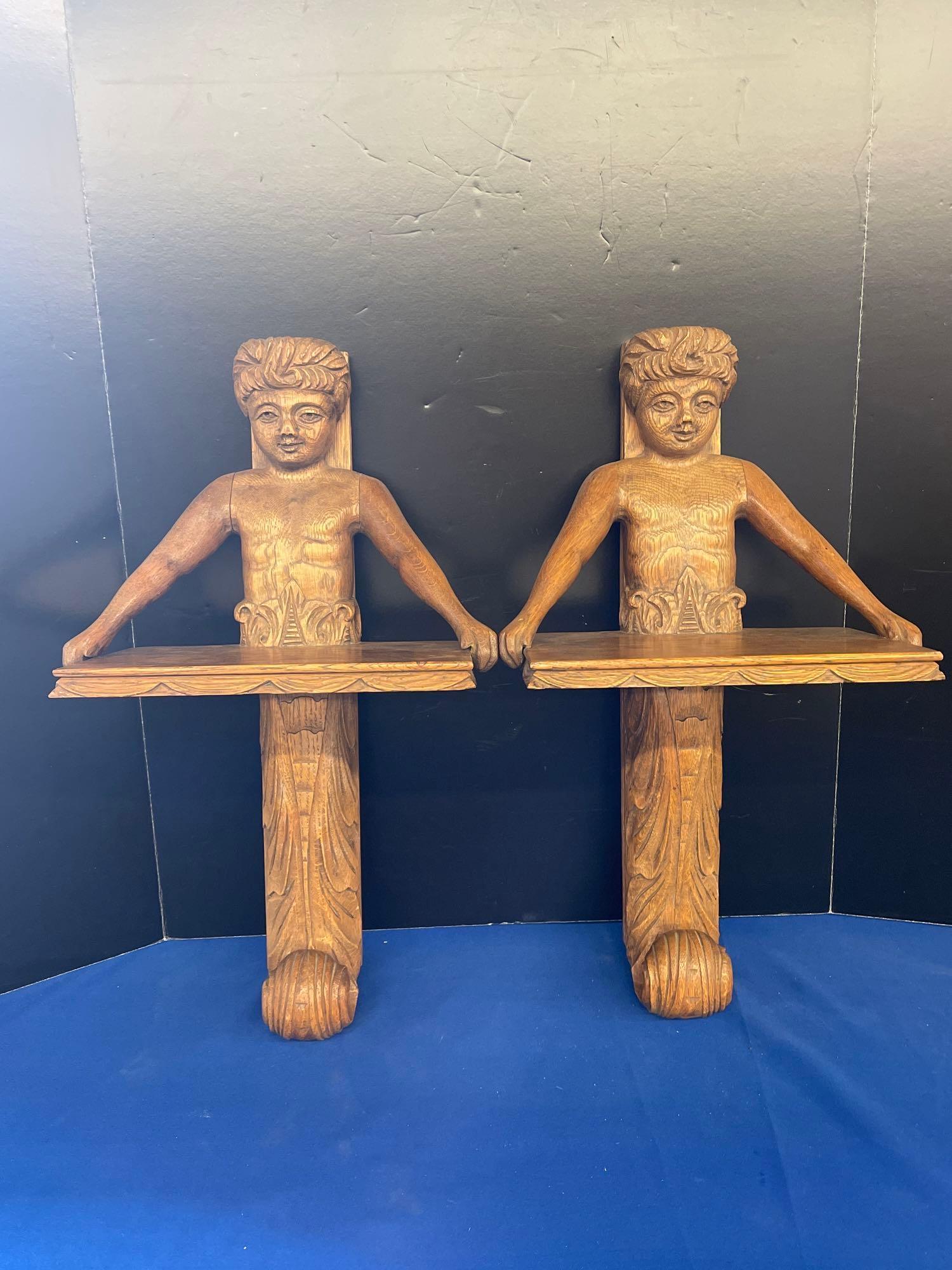 Pair of Oak Figural Wall Shelves (1 of 5)