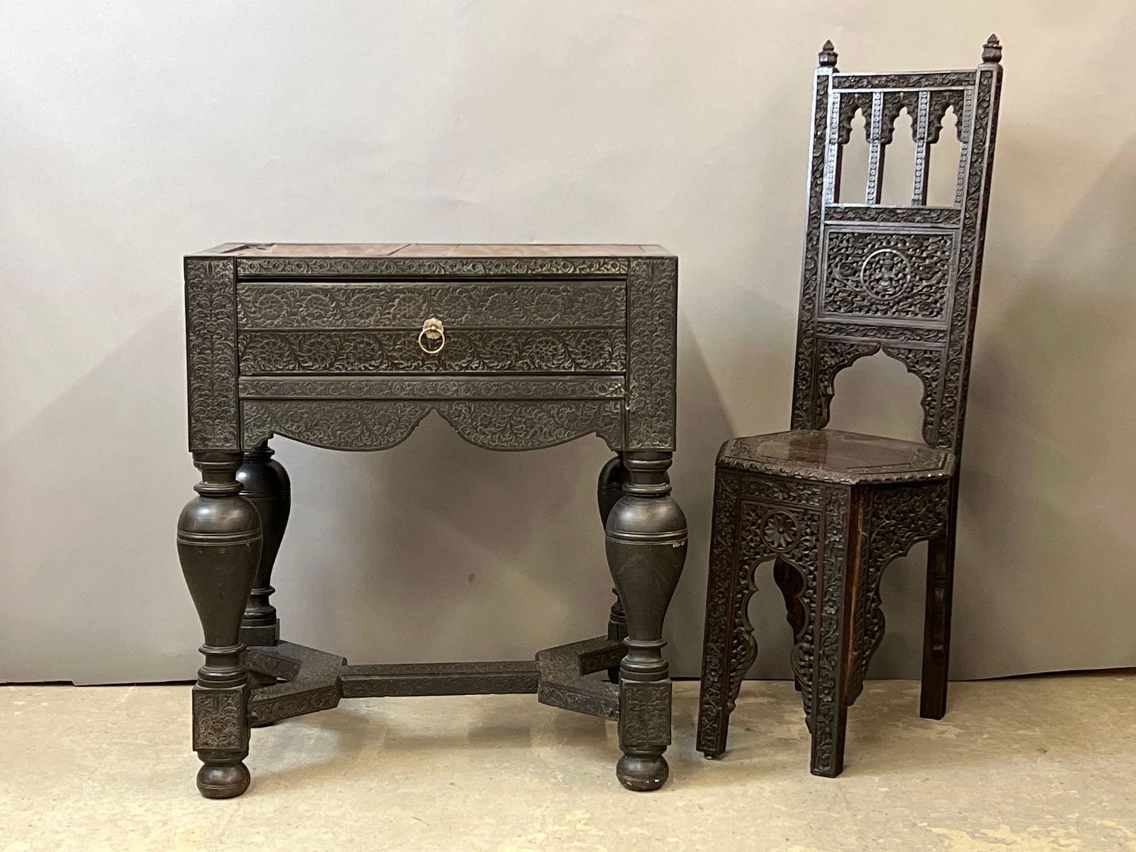 Anglo-Indian Carved Hardwood Table and Chair (1 of 9)