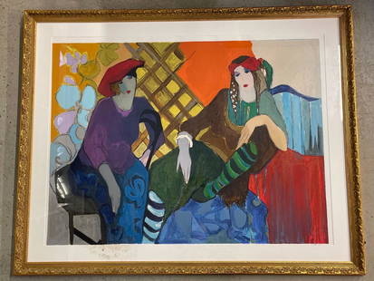 Large Itzchak Tarkay Signed Lithograph: Itzchak Tarkay (Serbian, 1935-2012). A large colorful lithograph depicting two lounging ladies, titled "Red Hats". Pencil signed "Tarkay" lower right. Mat opening: 34 in tall x 46 in wide. Frame: 43