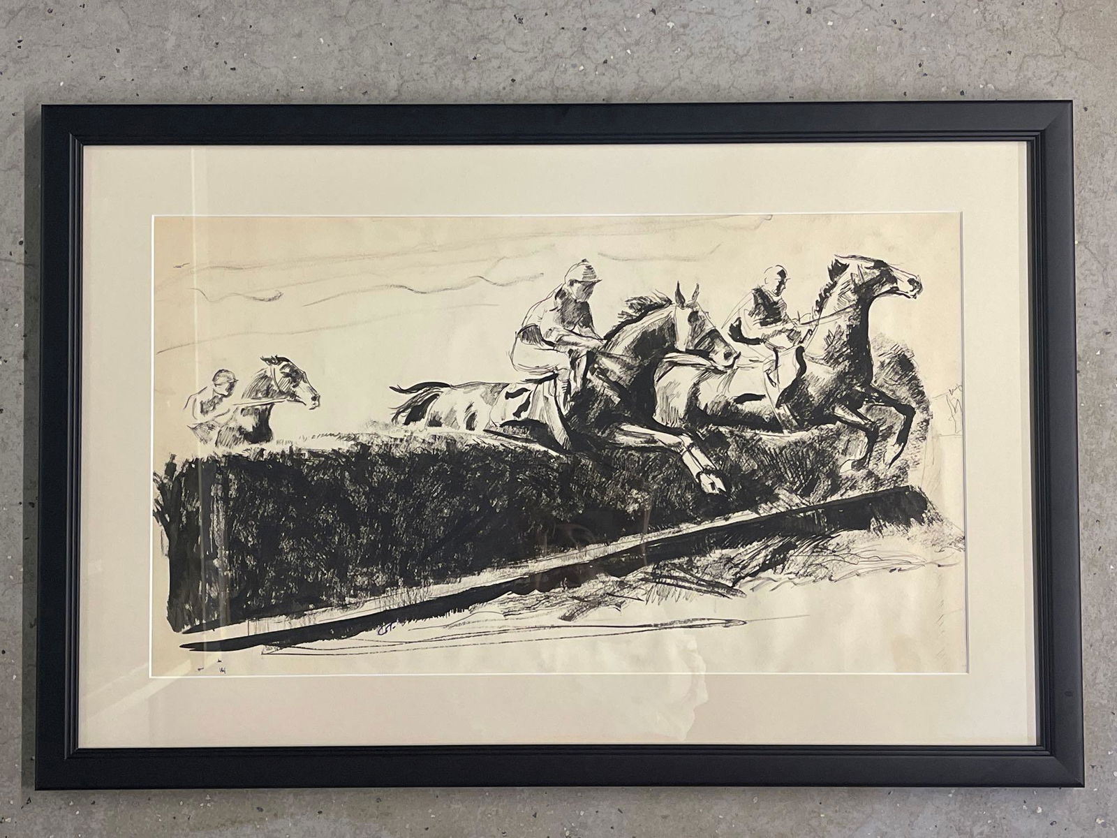 Charles Taylor. Pen & Watercolor, Steeplechase: Charles Taylor (American, b. 1910). A pen and watercolor steeplechase/hedge-jump scene. Signed "CT" in blue marker lower left. Mat opening: 15-1/2 in x 27 in. Frame: 23-1/2 in x 25 in.