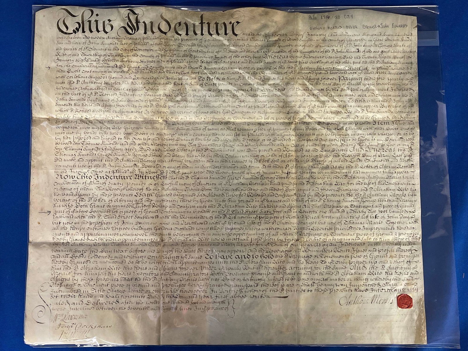 1716 Philadelphia Land Deed: An early 1716 Philadelphia land deed for a piece of land in Old City, bought by Anthony Morris (1654-1721), a mayor of Philadelphia, Quaker preacher, brewer and judge. Signed by Morris, and also signe
