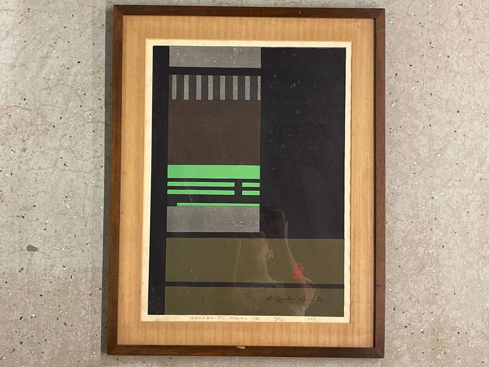 Kiyoshi Saito. Woodcut, Kyoto: Kiyoshi Saito (Japanese, 1907-1997). A woodcut print titled "Nanzen-Ji Kyoto (B)" marked edition 45/100, 1963. Signed in print. Makler gallery tag en verso. Mat opening: 21-1/2in x 16in. Frame: 27in x