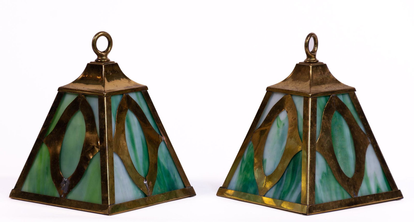 Pr. Arts & Crafts Brass & Slag Glass Lanterns (1 of 4)