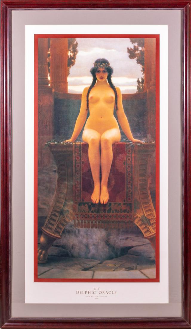 John William Godward, The Delphic Oracle, 1899: John William Godward (English, 1861-1922), poster of "The Delphic Oracle, 1899",framed. Frame: 40in tall x 23-1/2in wide. Sight: 34in tall x 17-1/2in wide.