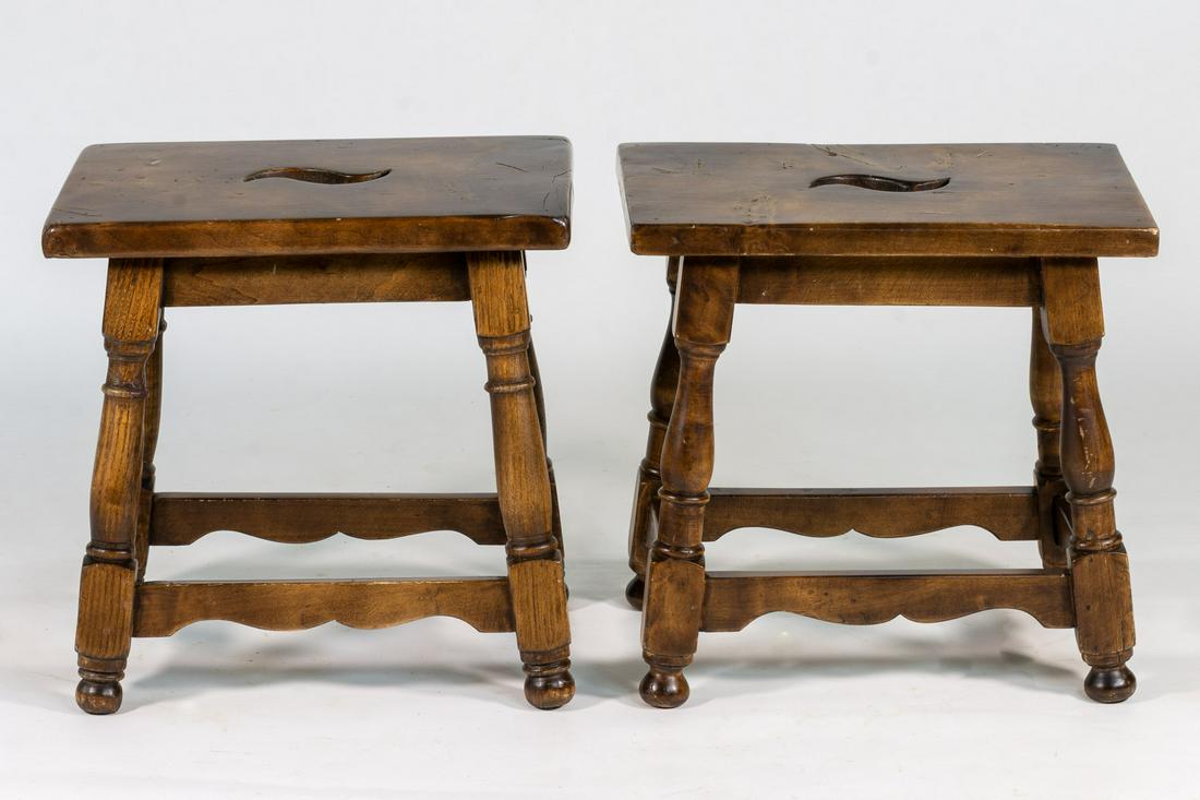 PR Wooden Tabouret Side Stool Tables: Pair of wooden tabouret stool tables with turned legs. With cut-outs in top for carrying. 16-1/4in tallx 16-1/2in wide x 11in deep.