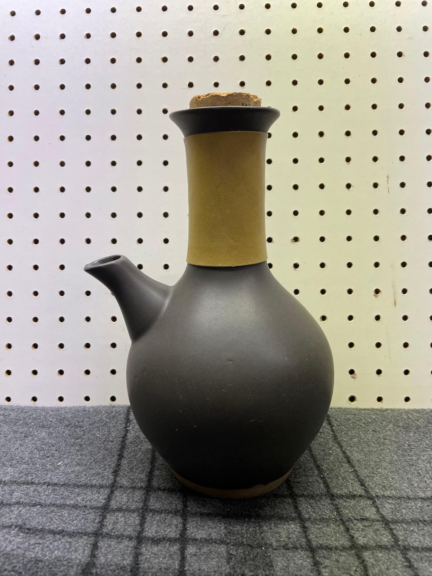 Martz Marshall Studios Vintage Pottery Carafe: (R) Designed by Jane and Gordon Martz for Martz Marshall Studios. Retains original tag. Great condition. No chips or cracks. Original cork stopper and leather grip. A great piece of mid-century modern