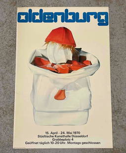 Oldenburg 1970 Exhibition Poster: Claes Oldenburg (Swedish/American, 1929-2022). An exhibition gallery poster for the Stadische Museum, dated May 1970. Rare lettering by Wim Crouwel. Printed by Total Design. 37-1/2in x 25in.