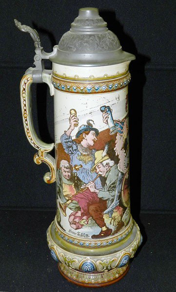 Mettlach Tall Pitcher: #2176; Knight drinking with others; 16 1/2" high, 6 1/2" wide, 6" diam.
