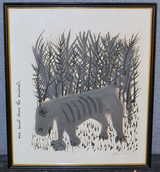 Ben Shahn Watercolor: Ben Shahn (1898 - 1969) framed black and white watercolor titled "…one must know the animals" signed "Ben Shahn", 19" long x 22 1/2" high