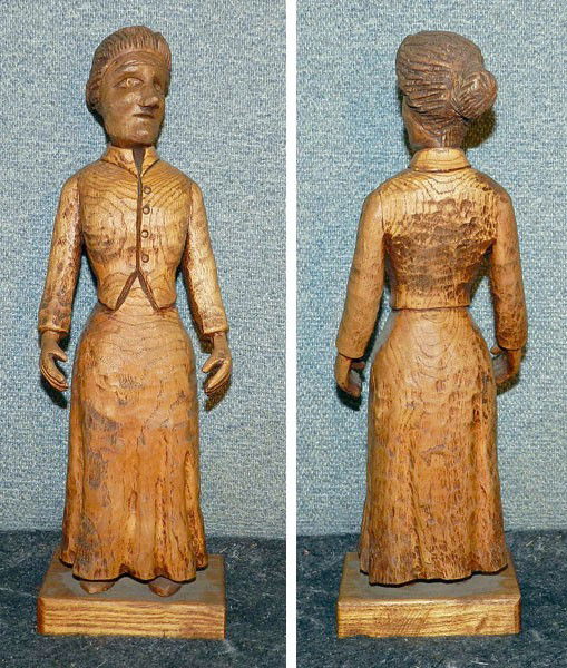 Clarence Stringfield. Folk Art Figure: Clarence Stringfield (1903 - 1976, Tennessee) carved wood Folk Art woman signed "C. Stringfield", 13 1/4" high, 4 1/4" long, 3" deep