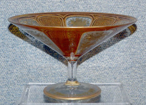 Gilt and Etched Glas Compote: Deep Etched and Gilt footed Compote, 4 1/4" high, 7 1/4" diameter
